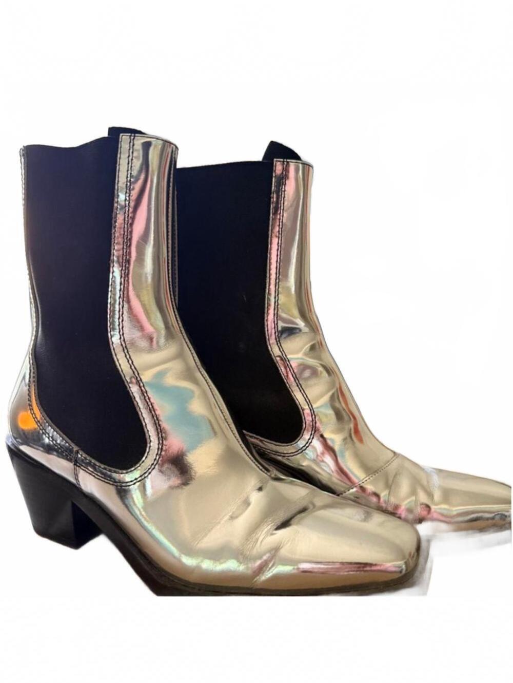 Loeffler Randall silver metallic leather ankle boots featuring a striking mirror